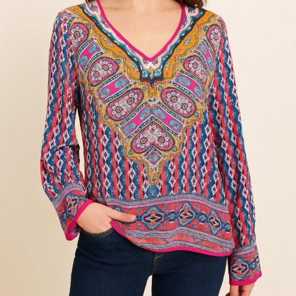 Tolani Silk Long Sleeve Pink Multicolor V neck shirt blouse size small or medium - Picture 1 of 10